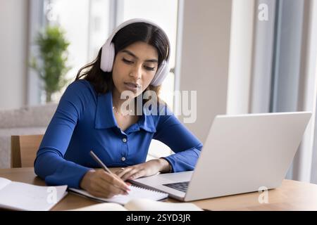 Student making assignment, studying at home using laptop Stock Photo