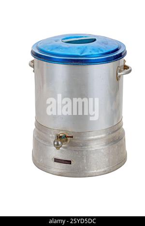 Vintage aluminum cooler for water, blue lid with tap on white background. Stock Photo