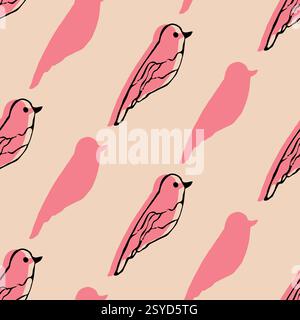 Seamless Pattern of Stylized Pink Birds and Silhouettes on Beige Background Stock Vector