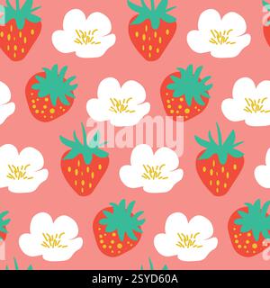 Seamless Pattern With Strawberries and Flowers on Pastel Pink Background Stock Vector