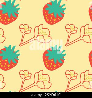 Seamless Pattern With Strawberries and Blossoms in a Vibrant Illustration Design Stock Vector