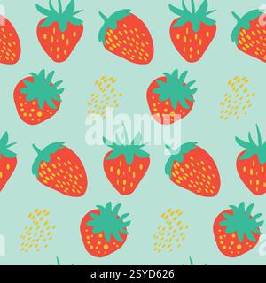 Seamless Pattern of Stylized Strawberries on a Light Blue Background Stock Vector