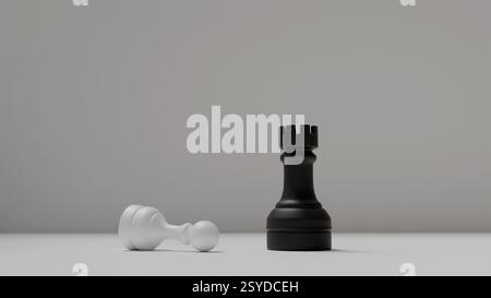 Black rook and white pawn lie in a white room, 3d model of chess, chess pieces, battle Stock Photo