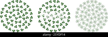 Fill and Outline Shamrocks Circular Monochrome green St Patrick Day festive Backgrounds idea Set 3. Isolated Vector illustration Greeting cards, poster, price tag, label or web promo leaflet, banner Stock Vector
