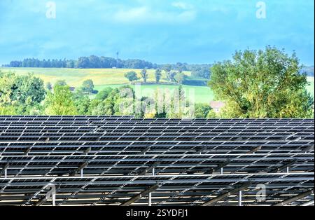 Rear view of installed photovoltaic solar panels - Preuilly-sur-Claise,  Indre-et-Loire (37), France. Stock Photo