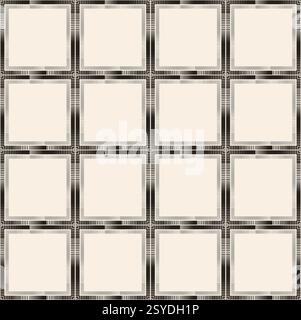 Black grey striped squares seamless pattern on beige background. Complex controur. Stock Vector