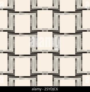 Black grey striped squares seamless pattern on beige background. Complex controur. Wave square pattern. Stock Vector
