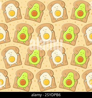 Seamless pattern with avocado and egg on toast. Colored vector background. Stock Vector
