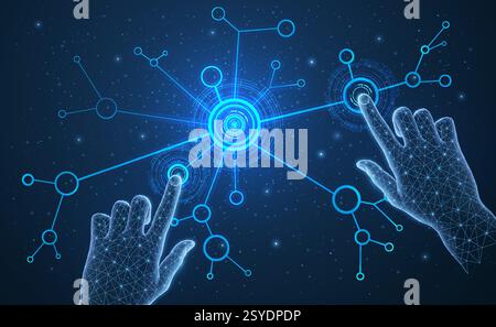 Hands on the blue digital background. Technology digital, future information. Stock Vector