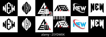 NEW letter logo design in six style. NEW polygon, circle, triangle, hexagon, flat and simple style with black and white color variation letter logo se Stock Vector
