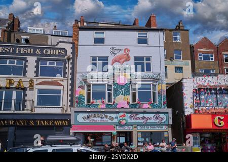 The flamingo a colourful Scarborough seaside resort traditional seafront restaurant cafes, North Yorkshire, England, UK. Stock Photo