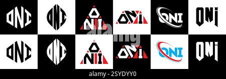 ONI letter logo design in six style. ONI polygon, circle, triangle, hexagon, flat and simple style with black and white color variation letter logo se Stock Vector
