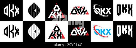 OKX letter logo design in six style. OKX polygon, circle, triangle, hexagon, flat and simple style with black and white color variation letter logo se Stock Vector