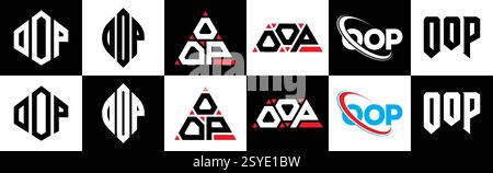 OOP letter logo design in six style. OOP polygon, circle, triangle, hexagon, flat and simple style with black and white color variation letter logo se Stock Vector