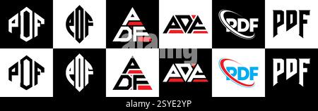 PDF letter logo design in six style. PDF polygon, circle, triangle, hexagon, flat and simple style with black and white color variation letter logo se Stock Vector