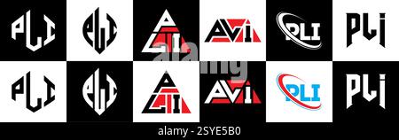 PLI letter logo design in six style. PLI polygon, circle, triangle, hexagon, flat and simple style with black and white color variation letter logo se Stock Vector