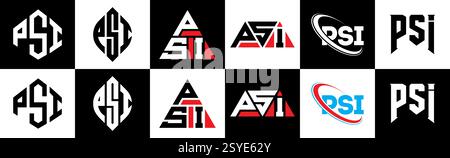 PSI letter logo design in six style. PSI polygon, circle, triangle, hexagon, flat and simple style with black and white color variation letter logo se Stock Vector