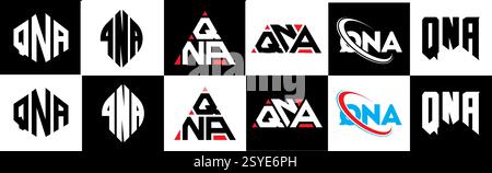 QNA letter logo design in six style. QNA polygon, circle, triangle, hexagon, flat and simple style with black and white color variation letter logo se Stock Vector
