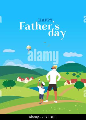 Happy father and son enjoy balloon flying. Fathers day poster. Family leisure activity on nature. Dad, kid boy together escape adventure. Holiday Stock Vector