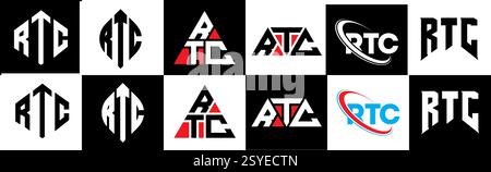 RTC letter logo design in six style. RTC polygon, circle, triangle, hexagon, flat and simple style with black and white color variation letter logo se Stock Vector
