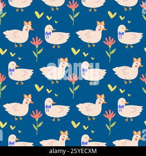 Seamless pattern with cute characters, pet ducks on a date, hearts, doodle-style flowers. A fun print for clothes, fabrics, and holiday patterns. Stock Vector