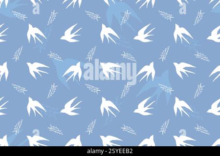 Seamless pattern of swallow birds, hand-drawn. Silhouettes of the first spring birds, sky background, birds in flight, wings spread. A symbol of freedom. Modern design for fabric, tableware, wrappers. Stock Vector
