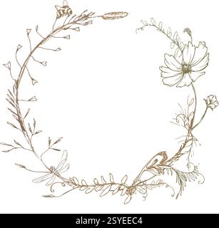 Field, meadow, wild flowers and herbs cosmos and other. Line art is a simple hand-drawn illustration in beige, ochre, brown ink. Circle wreath frame Stock Vector