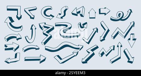 linear Directional Arrows Doodles. Lines Sign Directions Right Left Down Curved Backward Set. Isolated Vector Hand Drawn 3D pointer in various Stock Vector