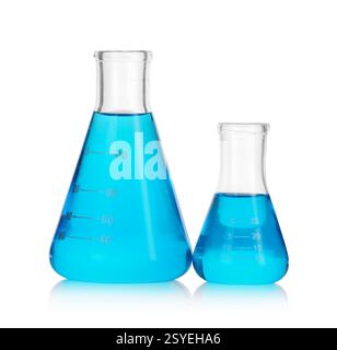 Flasks with blue liquid isolated on white Stock Photo
