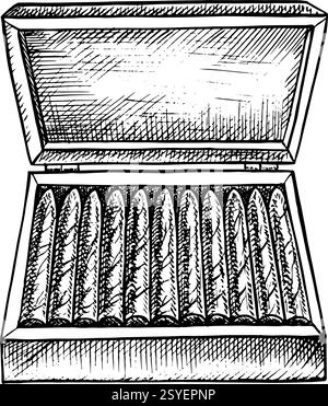 A box of expensive cigarettes. A hand-drawn vector graphic illustration. Black and white image of a vintage tobacco product. Separate from the backgro Stock Vector