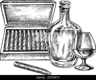 A bottle, a glass of cognac, and expensive cigarettes. A hand-drawn vector graphic illustration. Black and white image. For banners, flyers and packag Stock Vector