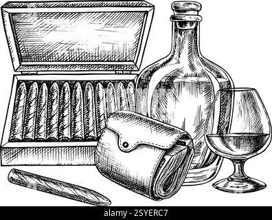Cognac, expensive cigarettes and a purse full of money. A hand-drawn vector graphic illustration. Black and white image with a men s theme. For banner Stock Vector