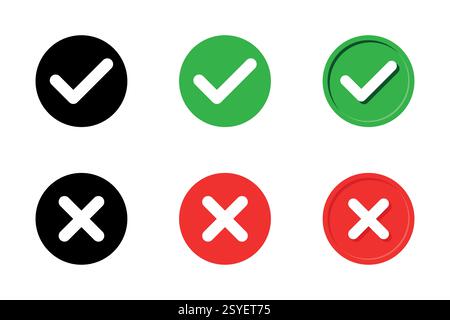 A collection of simple, circular check and cross icons in black, green, and red. Stock Vector
