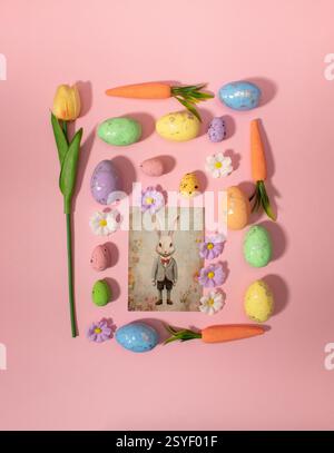 Easter pattern squer shape made of colorful flowers, eggs and carrots. Minimal holiday concept. Flat lay pattern. Stock Photo