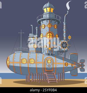 Steampunk house lighthouse in a submarine on the beach Stock Vector
