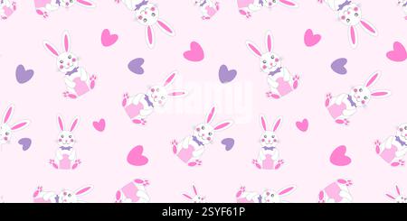 Seamless pattern featuring cute bunnies and colorful hearts, perfect for Easter celebrations and festive designs Stock Vector