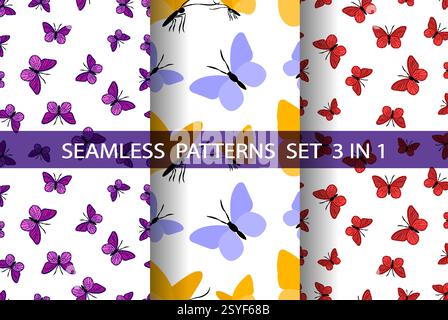 Colorful seamless pattern collection featuring butterflies in various styles and colors for creative designs Stock Vector