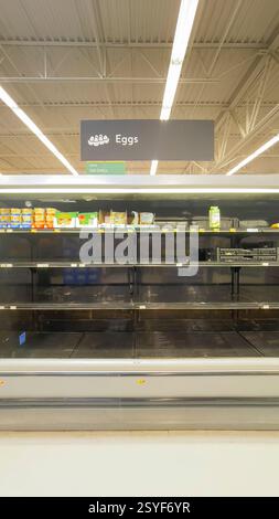 supermarket store shelves are empty with no eggs apart from a few boxes left. Ban on eggs from caged birds leads to shortage Stock Photo