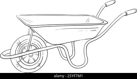 Garden wheelbarrow. Vector line isolated illustration. Perfect for gardening, farming, construction, landscaping, backyard work, and eco-friendly Stock Vector