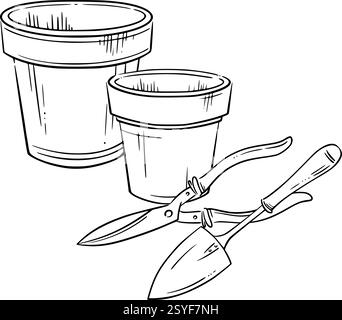 Flower pots, trowel, and pruning shears. Isolated vector line illustration. Ideal for eco-friendly gardening, spring planting, and landscaping Stock Vector
