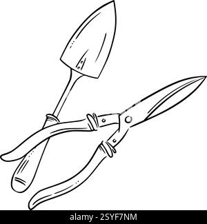 Pruning shears and a garden trowel. Elegant linear vector illustration. Ideal for landscaping, gardening tools, spring planting, and outdoor work Stock Vector