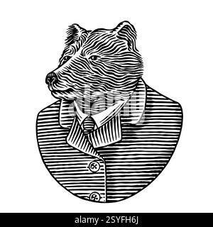 Grizzly or Brown Bear in human outfit. Animal character in human clothes, black coat for bear or alcohol beverages. Anthropomorphic Hand drawn Stock Vector