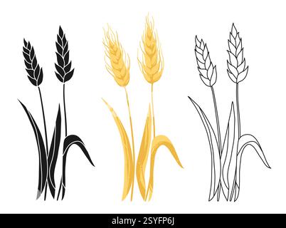 Wheat ear hand drawn set. Grain sign doodle line, silhouette, cartoon flat style collection. Wheat ear spikes icon. Cereals grain, agriculture, stalk, bread food, harvest symbol. Vector illustration Stock Vector