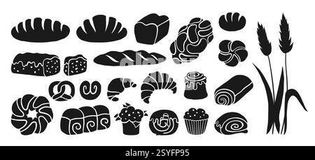 Bread and pastry bakery products simple symbol set. Various loaf bun roll, muffin, French baguette and croissant wheat rye bread. Menu bakery pastry collection silhouette vector cartoon illustration Stock Vector