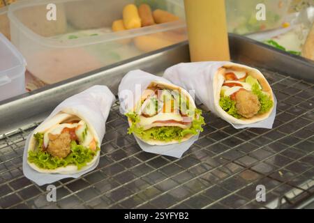 Meat Kebab in a bun at thai market Stock Photo