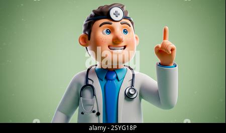 Animated 3D Cartoon Doctor Character Smiling and Pointing Up,3D avatar ...