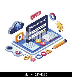 Isometric Microlearning with Educational Icons and Digital Tools Emphasizing Bite-Sized Online Education. Microlearning and E-Learning Concept Stock Vector