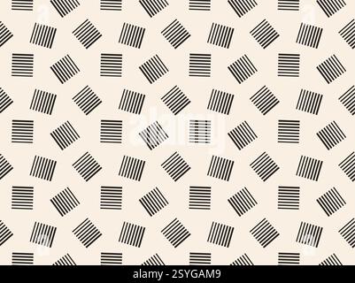 Black simple squares seamless pattern on beige background. Squares chaotically located. Stock Vector