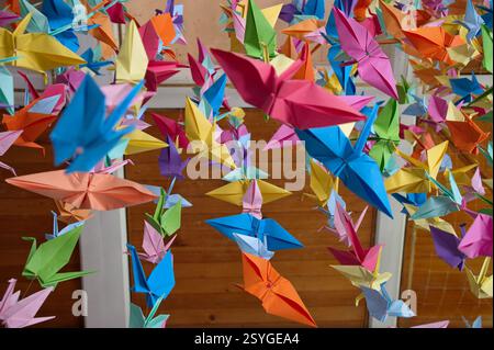 Low angle view of origami hanging from the ceiling Stock Photo