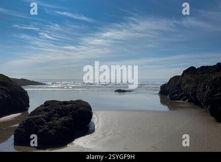 Seagulls at Cannon Beach and Haystack Rock at the background Stock Photo